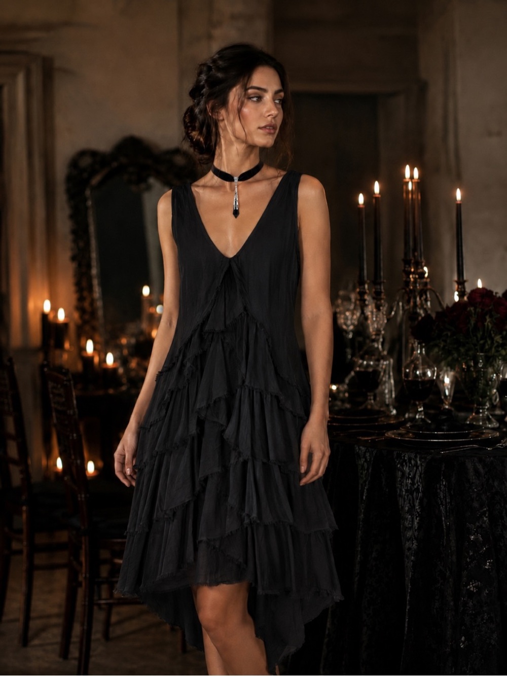 Black Whimsigoth Romantic Silk Layered Dress Medium Dark Coquette Feminine Chic